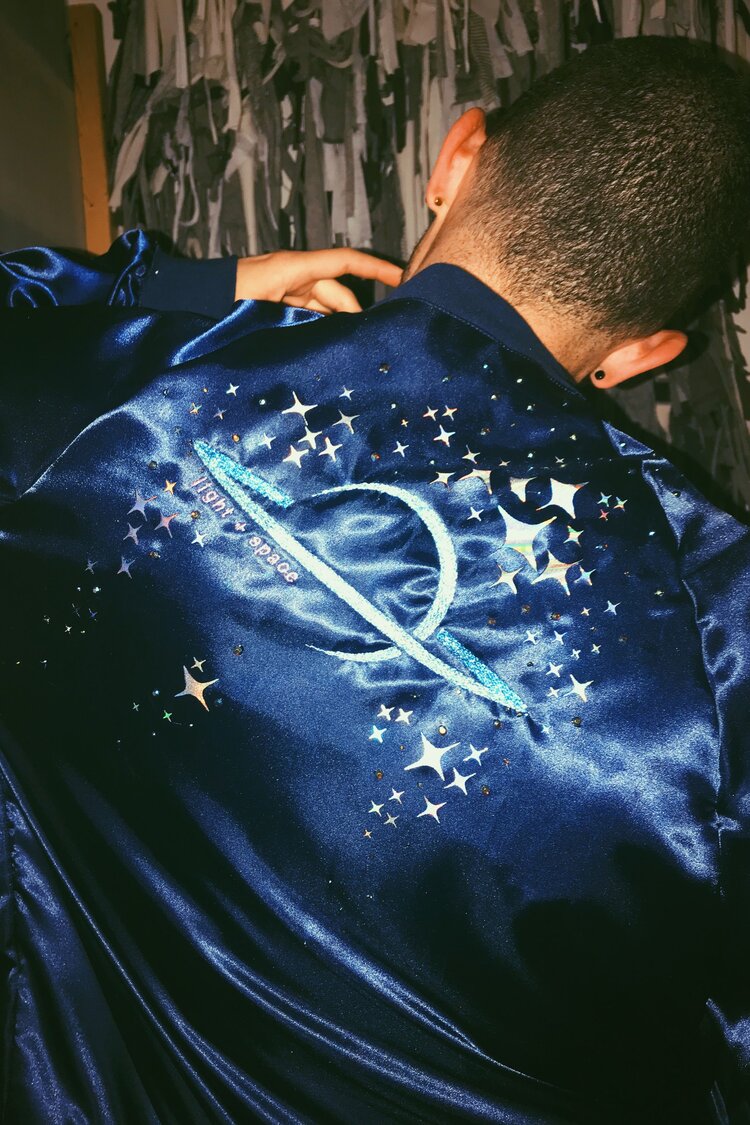 "Light + Space" Crystal Embellished Bomber Jacket